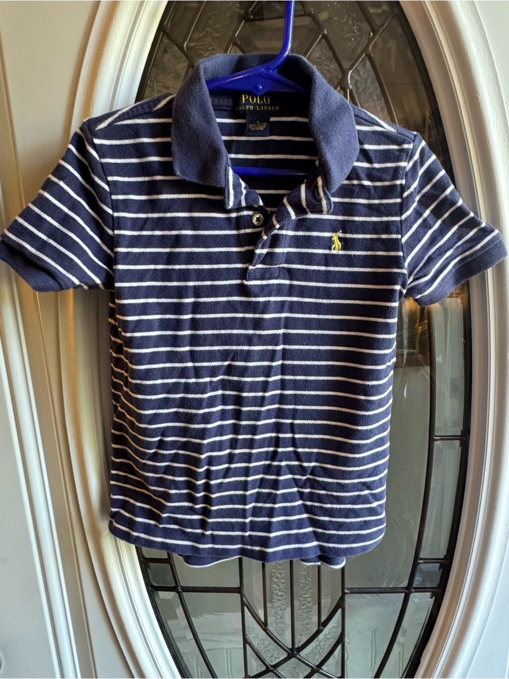 Polo Ralph Lauren Boys Size 5 Navy White Striped Polo Yellow Pony